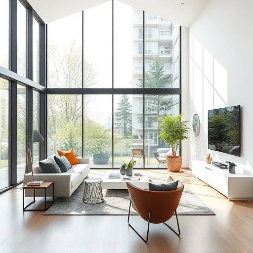 A beautifully designed living room interior with modern furniture and a large window.