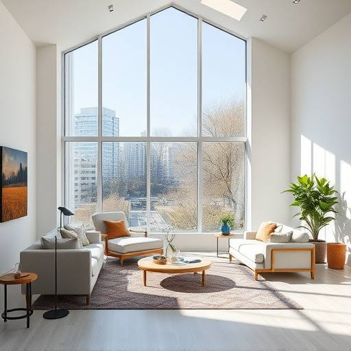 A beautifully designed modern living room with a large window and comfortable furniture.