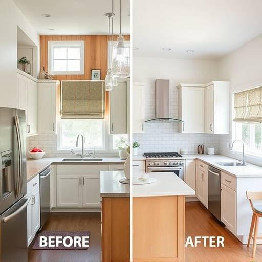 A before-and-after comparison of a kitchen renovation, showcasing the transformation from outdated to modern.