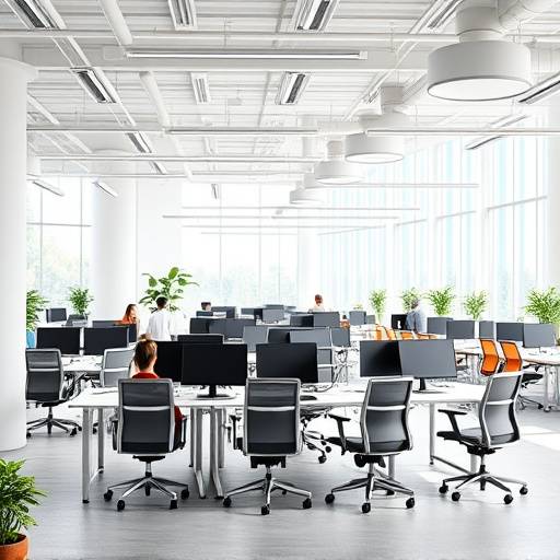 A bright and airy contemporary office space with collaborative work areas, ergonomic furniture, and vibrant accents, designed to foster productivity and creativity.