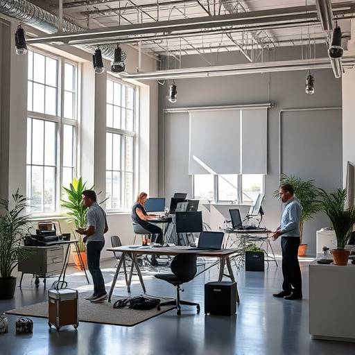 A bright and modern interior design studio with designers working at desks.