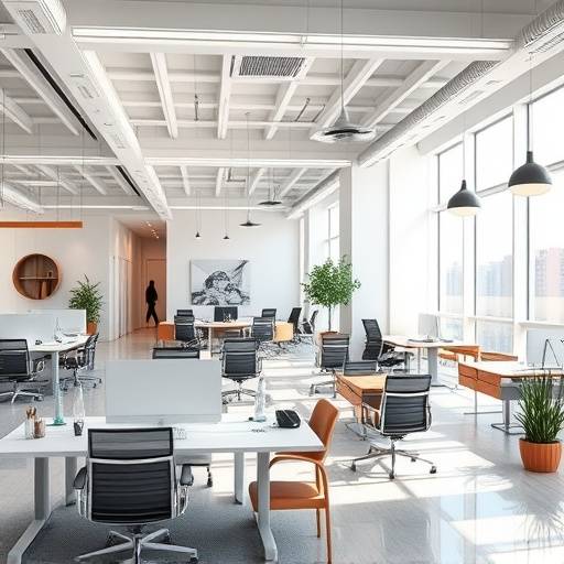 A chic and modern office space with collaborative work areas.