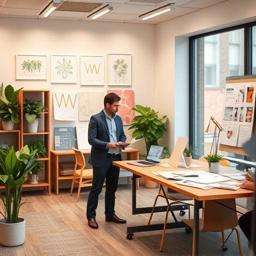 A designer consulting with a client in a well-lit office, discussing design plans and material samples.