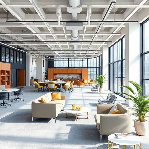 A modern and collaborative office space with open work areas and stylish furniture.