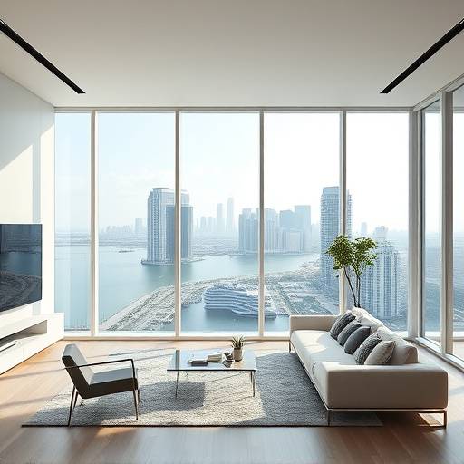 A modern living room with a minimalist design and a view of the Miami skyline.