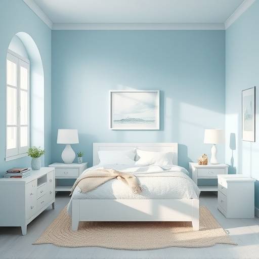 A serene coastal-themed bedroom with light blue walls, white furniture, and natural textures, evoking a sense of tranquility and relaxation.