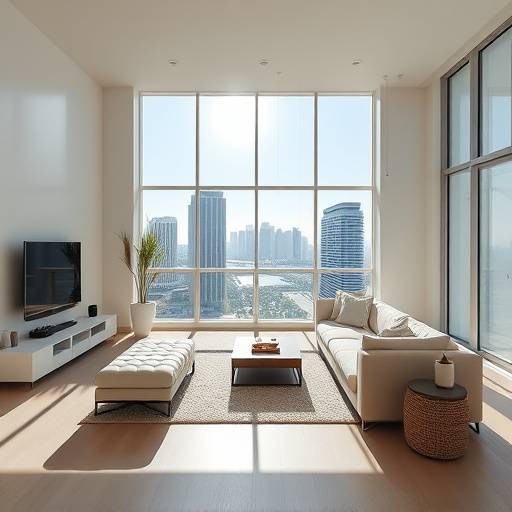 A sun-drenched modern living room with clean lines, minimalist furniture, and floor-to-ceiling windows overlooking the Miami skyline.