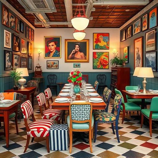 An eclectic dining room with a mix of vintage and modern furniture, bold patterns, and colorful artwork, creating a unique and inviting space for gatherings.