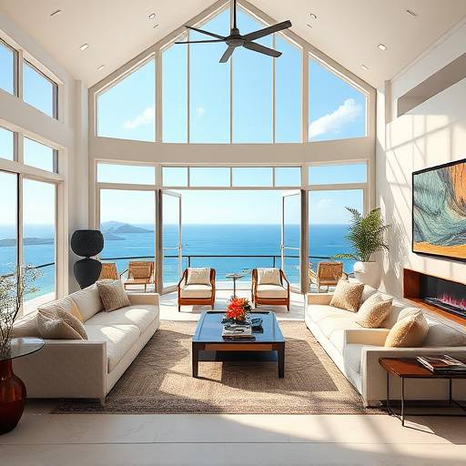 An expansive living room inside a luxury villa with elegant furnishings, high ceilings, and large windows offering panoramic ocean views, symbolizing refined living.